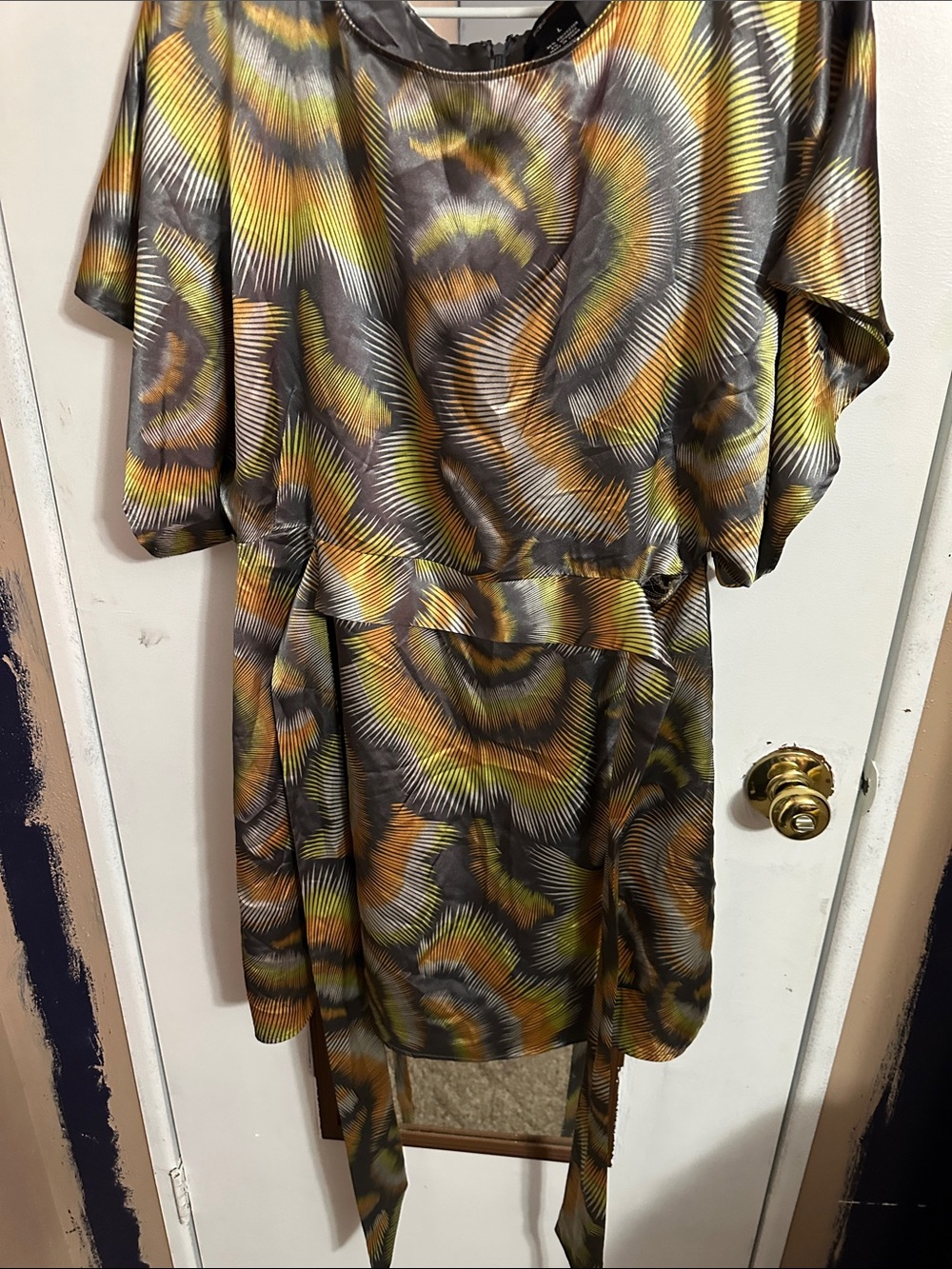 BCBGMaxAzria Abstract Sunburst Mini Dress in Olive, Gold, and Gray